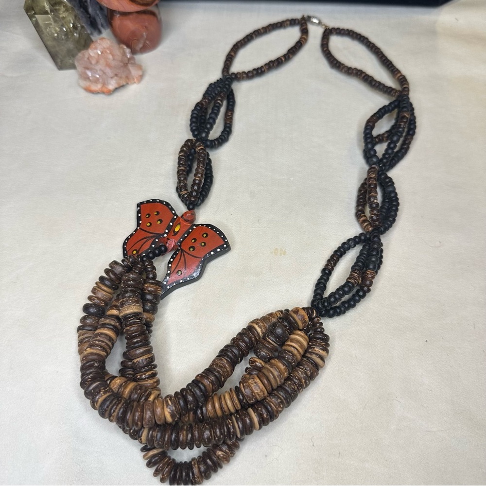 Wood Bead Wood Butterfly Necklace